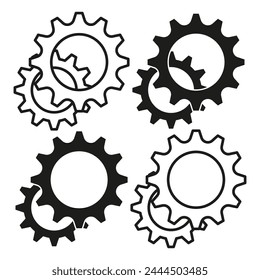 Broken gear icons set. Machinery failure concept. Cogwheel damage symbols. Vector illustration. EPS 10.