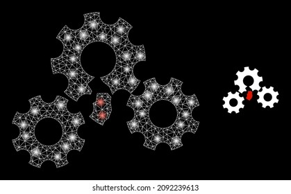 Broken gear mechanism icon and constellation net mesh broken gear mechanism model with glossy light spots.