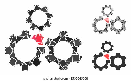 Broken gear mechanism mosaic of unequal parts in various sizes and shades, based on broken gear mechanism icon. Vector unequal dots are grouped into collage.