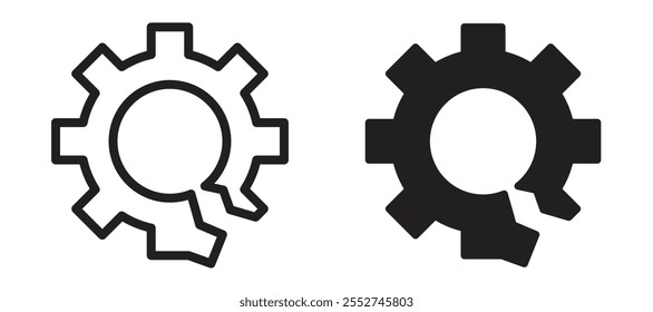 Conjunto de íconos de Vector de engranaje roto negro relleno y estilo delineado.