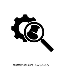 Broken gear wheel cog body with zoom glass. Technical mechanism diagnosis symbol. Cracked cogwheel icon.