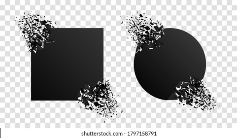 Broken geometric shape with explosion, particles. Shatter stone with debris. Black graphic circle, square with break elements. Abstract motion of particle. Modern futuristic banner, box, label. Vector