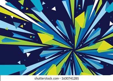 Broken geometric shapes vector background. Stylish retro illustration of light speed or polygonal explosion. Motion geometrical objects. Decorative energy template with funky notes.