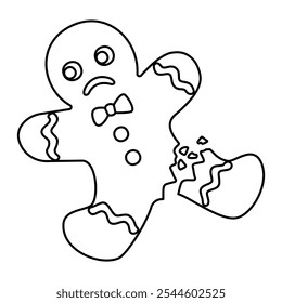 broken gingerbread man doodle style. Hand drawn black and white isolated holiday baking. Coloring page art therapy, line art Christmas sweet. Vector illustration