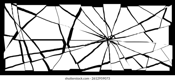 Broken glass bg radial cracks shards silhouette, Rectangle screen decay grunge texture, Vector illustration.