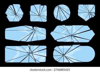 Broken glass buttons and frames set. Cracked blue crystal geometric shapes for game UI or web design. Vector illustration isolated on black background.