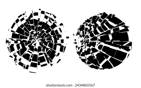 Broken Glass Circles with Cracks. Abstract Comic Book Flash Explosion Blast Radial Lines. Shattered, Fractured and Broken Geometric Circles. Damaged Texture. Vector Illustration.