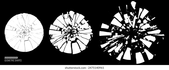 Broken Glass Circles with Cracks. Abstract Comic Book Flash Explosion Blast Radial Lines. Shattered, Fractured and Broken Geometric Circles. Damaged Texture. Vector Illustration.