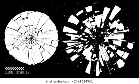 Círculos de vidrio roto con grietas. Abstractas cómic Flash Explosión Explosión Radial Líneas. Círculos geométricos destrozados, fracturados y rotos. Textura dañada. Ilustración vectorial.