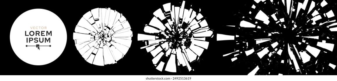 Broken Glass Circles with Cracks. Abstract Comic Book Flash Explosion Blast Radial Lines. Shattered, Fractured and Broken Geometric Circles. Damaged Texture. Vector Illustration.