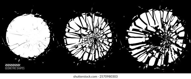 Broken Glass Circles with Cracks. Abstract Comic Book Flash Explosion Blast Radial Lines. Shattered, Fractured and Broken Geometric Circles. Damaged Texture. Vector Illustration.