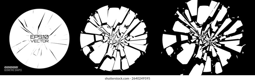 Broken Glass Circles with Cracks. Abstract Comic Book Flash Explosion Blast Radial Lines. Shattered, Fractured and Broken Geometric Circles. Damaged Texture. Vector Illustration.
