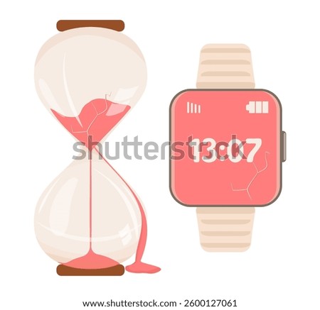 Broken glass clock. Transparent sand vessel cracked glass. Modern smart watch cracked screen. Symbol of lost lost time. Poster for decoration psychologist's office, business, office, interior design