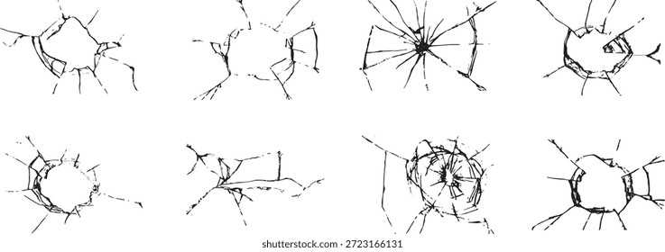 Conjunto de impacto de grieta de vidrio roto con texturas de daño de agujero de bala rotas. Líneas de fractura radial y roturas de telaraña aisladas sobre fondo blanco. Ideal para escenas de crimen, efectos de destrucción, superposiciones y diseño realista de daños.