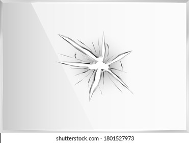 Broken glass. Crack plastic screen, 3d hole frame. Crash smash window or ice, shatter mirror vector illustration