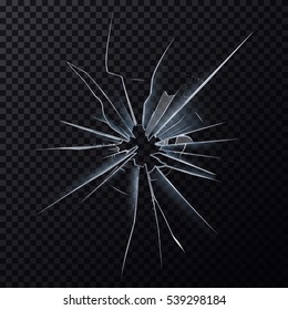 Broken glass or cracked glassware in window. Hole in shattered frame, crushed or break mirror surface. Wreck and danger, damage and crush, crime and accident, anger and destroying effect