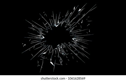 Broken glass, cracked glass on black background with hole in the middle