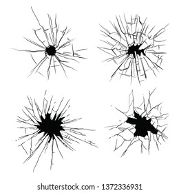 Broken glass. Cracked texture on deforming mirror, crack hole isolated vector set