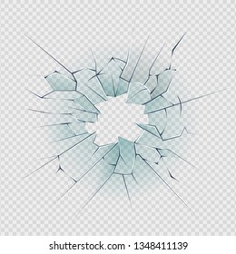 Broken glass. Cracked window texture realistic destruction hole in transparent damaged glass. Vector realistic shattered glass template svg