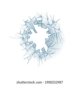 Broken glass. Cracked window. Texture of realistic destruction hole in transparent damaged glass. Vector realistic shattered glass template on transparent background