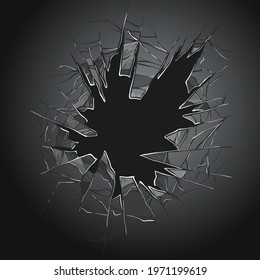 Broken glass. Cracked window. Texture of realistic destruction hole in transparent damaged glass. Vector realistic shattered glass template