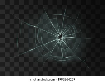 Broken glass. Cracked window texture destruction hole in transparent damaged glass on dark checkered background. 3d realistic vector illustration