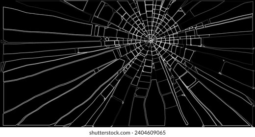 Broken Glass with Cracks. Abstract Comic Book Flash Explosion Blast Radial Lines. Shattered, Fractured and Broken Geometric Rectangle. Damaged Screen Texture. Vector Illustration.