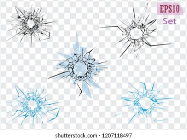 Broken glass, cracks, bullet marks on glass. Illustration set. You can easy change colors or sizes. High resolution