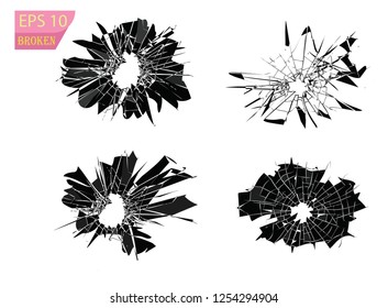 Broken glass, cracks, bullet marks on glass. Illustration set. Transparent background. You can easy change colors or sizes. High resolution