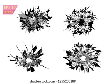 Broken glass, cracks, bullet marks on glass. Illustration set. Transparent background. You can easy change colors or sizes. High resolution