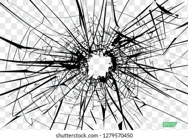 Broken glass, cracks, bullet marks on glass. Transparent background. You can easy change colors or sizes. High resolution