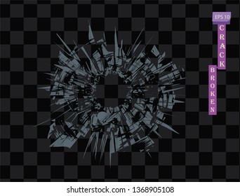 Broken glass, cracks, bullet marks on glass. Transparent background. High resolution