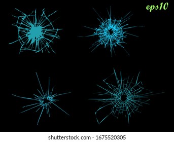 Broken glass, cracks, bullet marks on glass. Illustration set. breaking effect set. Texture glass with black hole. High resolution