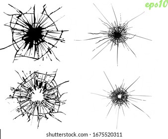 Broken glass, cracks, bullet marks on glass. Illustration set. breaking effect set. Texture glass with black hole. High resolution