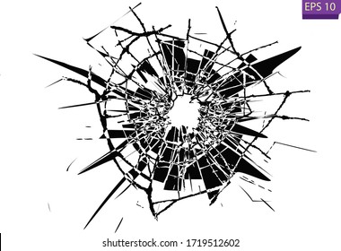 Broken glass, cracks, bullet marks on glass. High resolution. Texture glass with black hole. 