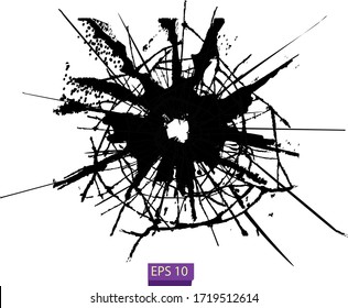 Broken glass, cracks, bullet marks on glass. High resolution. Texture glass with black hole. 