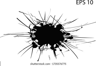 Broken glass with cracks. Bullet marks on glass.  Texture glass with black hole. High resolution, transparent background.