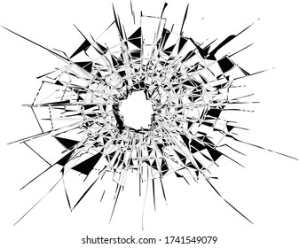 Broken glass, cracks, bullet marks on glass. High resolution. Texture glass with black hole. Transparent background