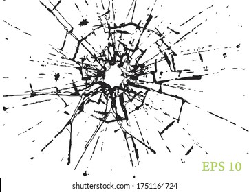 Broken glass, cracks, bullet marks on glass. High resolution. Texture glass with black hole. You can easy change colors or sizes.