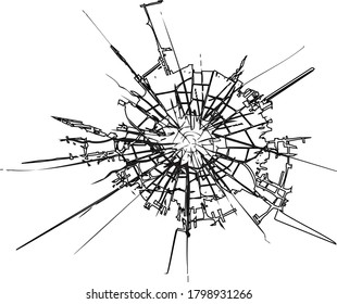 Broken glass, cracks, bullet marks on glass. High resolution

