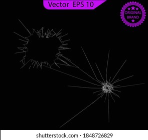 Broken glass, cracks, bullet marks on glass. Illustration set. breaking effect set. Cracked mirror or wall. Texture glass with black hole. High resolution