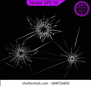 Broken glass, cracks, bullet marks on glass. Illustration set. breaking effect set. Cracked mirror or wall. Texture glass with black hole. High resolution