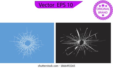 Broken glass, cracks, bullet marks on glass. High resolution. Texture glass with black hole. cracked glass effect, cracked windows, cracked mirror or wall. 