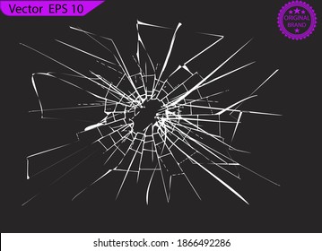 Broken glass, cracks, bullet marks on glass. High resolution. Texture glass with black hole. cracked glass effect, cracked windows, cracked mirror or wall. 