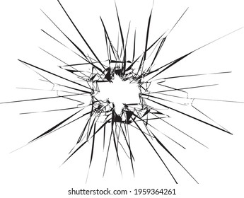 Broken Glass, Cracks, Bullet Marks On Glass. High Resolution. Texture Glass With Black Hole. EPS 10