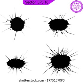Broken glass, cracks, bullet marks on glass. Cracks vector icons. Black surface crack set with holes and broken ground texture, transparent background. Cracked wall destruction effect