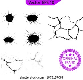 Broken glass, cracks, bullet marks on glass. Cracks vector icons. Black surface crack set with holes and broken ground texture, transparent background. Cracked wall destruction effect
