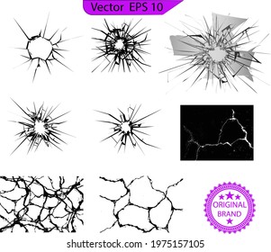 Broken glass, cracks, bullet marks on glass. Cracks vector icons. Black surface crack set with holes and broken ground texture, transparent background. Cracked wall destruction effect