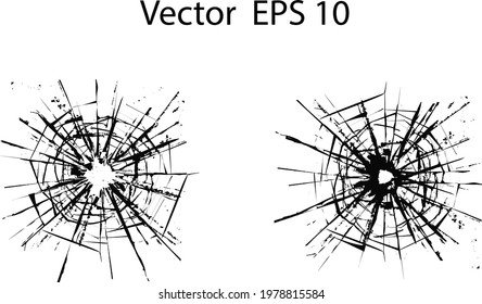 Broken Glass, Cracks, Bullet Marks On Glass. High Resolution. Texture Glass With Black Hole. EPS 10	
