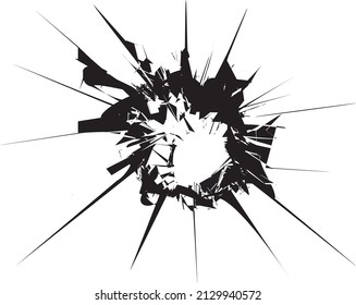 Broken glass, cracks, bullet marks on glass.  Hole on wall, windows or door. 